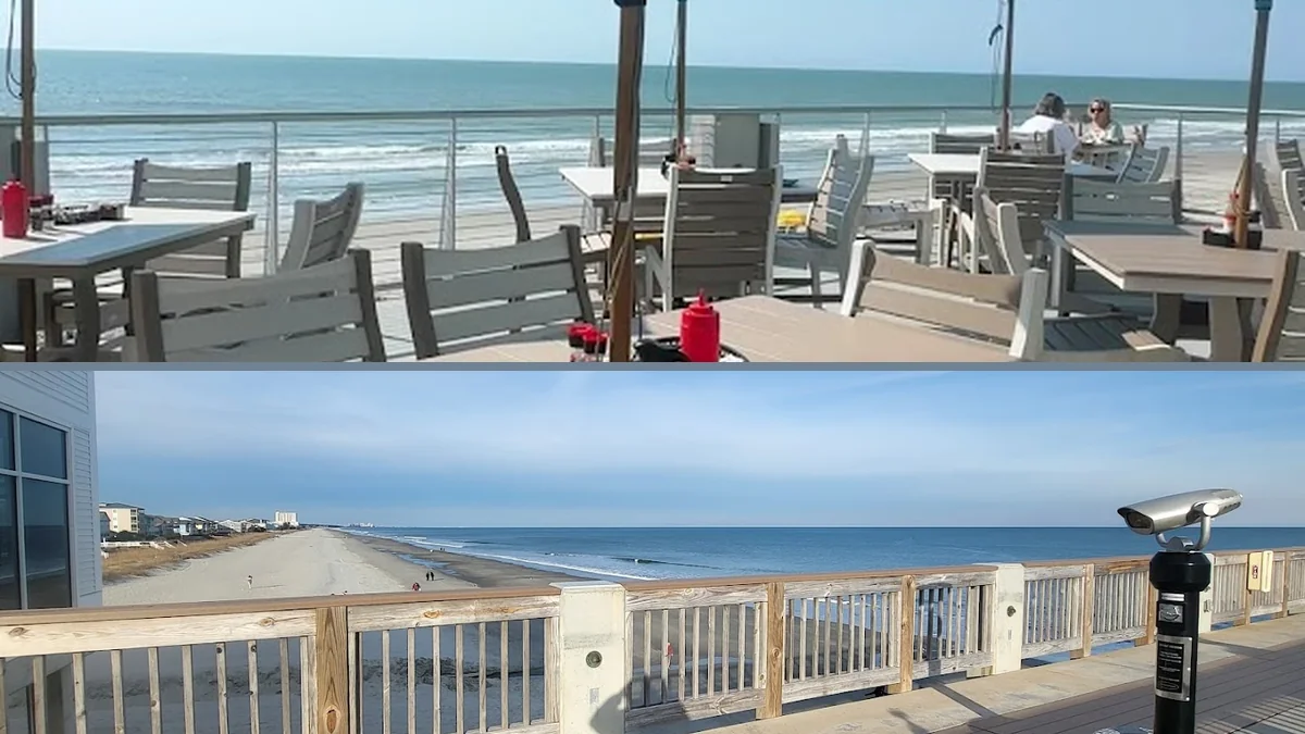 Wood-paneled dining room near the beach.