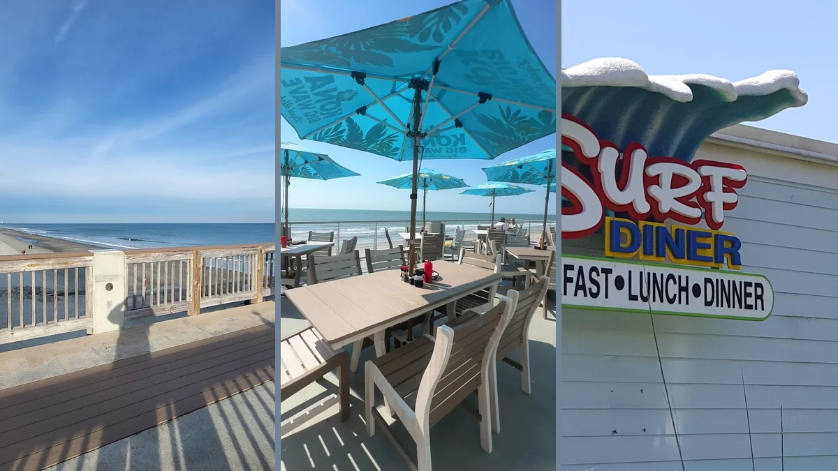 Casual beachfront seating with warm wood walls.