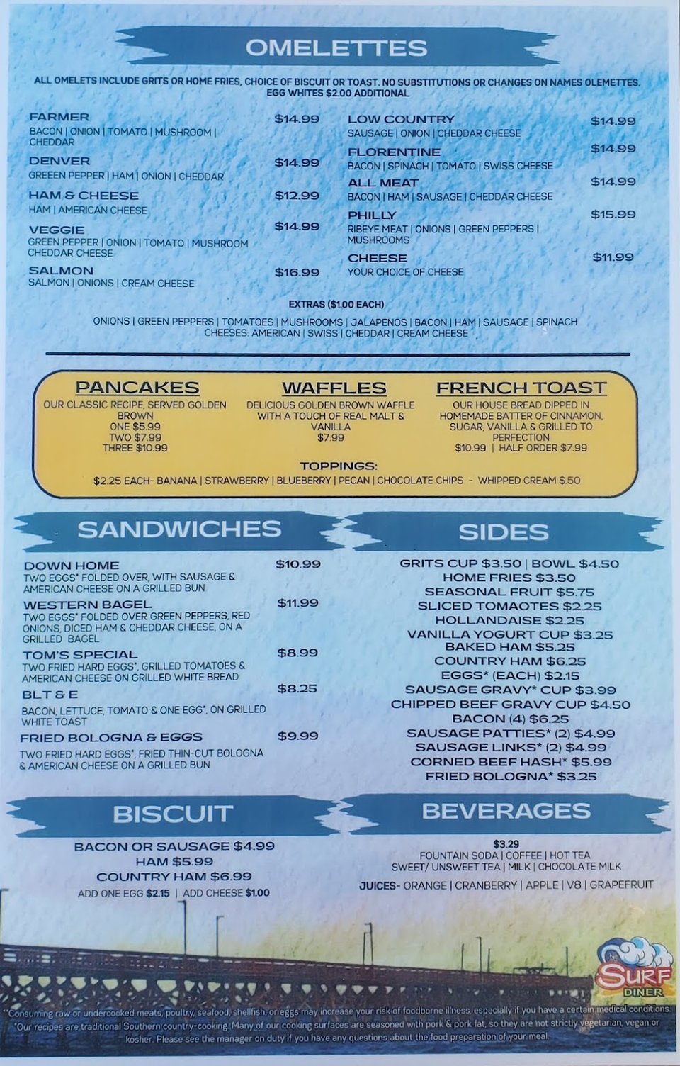 Breakfast menu with eggs and coffee.