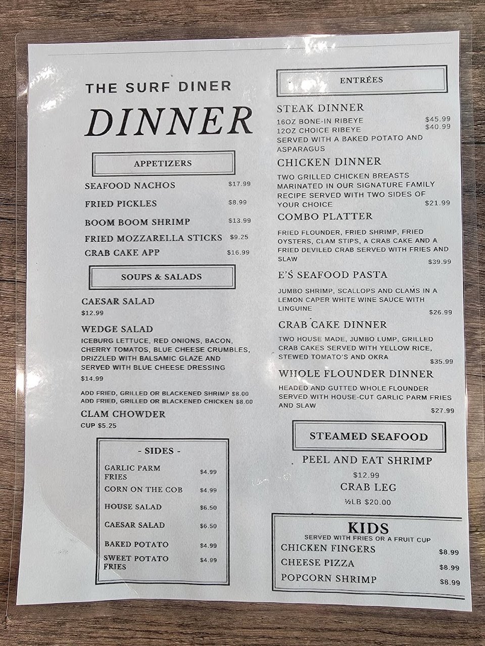 Beverages list with tea and juice.